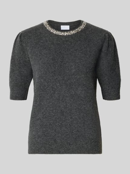 Jake*s Collection Pullover mit Strasskragen Modell 'K106-EmbNeckPull' Dunkelgrau Melange 2