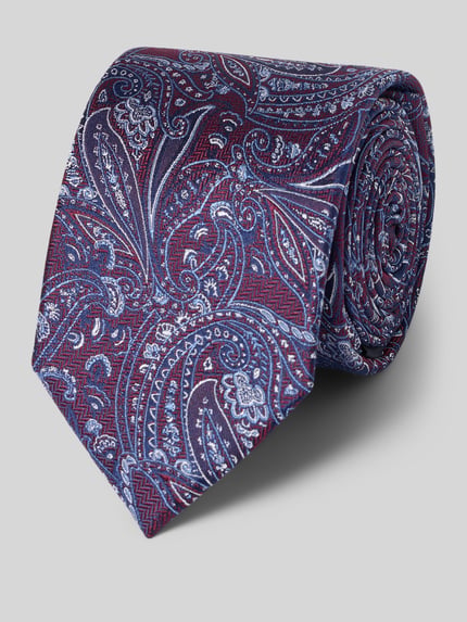 Produktfoto, Krawatte aus reiner Seide von Prince Bowtie, kolor bordowy i niebieski, fakturowany wzór paisley, szwy działowe, klasyczny krój, szerokość w rozmiarze 1: 7 cm