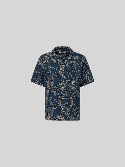 Produktfoto, Freizeithemd mit Reverskragen von Forét im Baumwoll-Mix, navy mit beigem floralem Allover-Stitching, kurzärmelig, Regular Fit