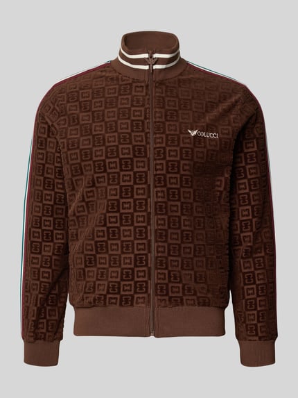 Produktfoto, Regular Fit Sweatjacke mit Label-Stitching von COLUCCI, brauner Baumwoll-Mix mit Karomuster und Stehkragen, Reißverschluss