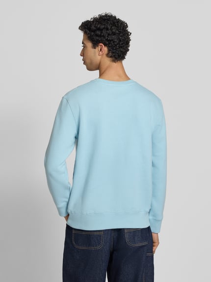 Männermodel trägt Sweatshirt mit Rundhalsausschnitt und Label-Stitching von Superdry in Hellblau, Baumwoll-Mix, Regular-Fit, Ganzkörperansicht Rückansicht.