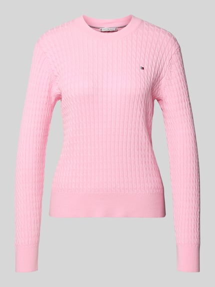 Productfoto, Slim Fit Pullover aus reiner Baumwolle van Tommy Hilfiger in effen roze met kabelpatroon, ronde hals, logodetail, gebreide look, puur katoen