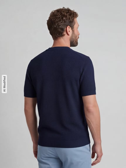 Männermodel trägt Regular Fit T-Shirt aus reiner Baumwolle von MCNEAL in Dunkelblau mit Strukturmuster, Rückenansicht, Ganzkörperansicht Rückansicht.