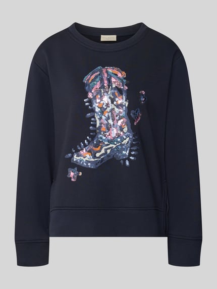 Produktfoto, Sweatshirt mit Motiv-Print und Pailletten van Milano Italy in donkerblauw katoenmix met relaxed fit, ronde hals, Dames