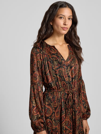 Apricot Midikleid mit V-Ausschnitt und Bindegürtel Rostrot 3