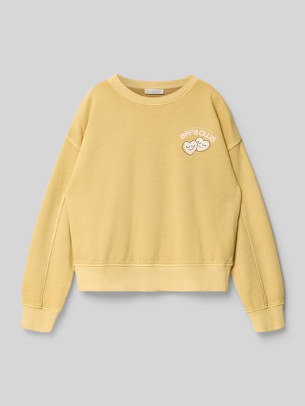 Produktfoto, gelbes Kinder Sweatshirt aus Baumwolle Modell 'WEEKEND' von Mango mit Rundhalsausschnitt und elastischen Abschlüssen, lockerer Schnitt