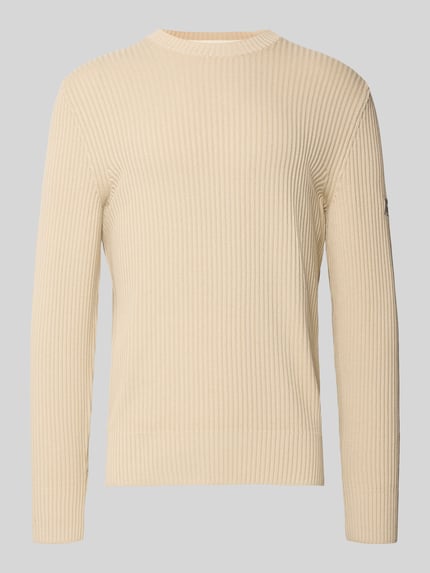 Produktfoto, Regular Fit Strickpullover aus reiner Baumwolle von Marc O'Polo, Optik: Unifarben, Struktur, Label Patch, Rippstrick, beige.