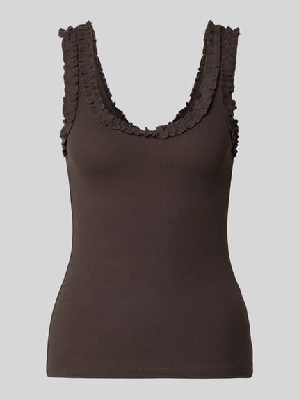 Produktfoto, Trägertop mit Rundhalsausschnitt und Rüschen von Copenhagen Muse in Dunkelbraun, Ripp-Optik, Slim Fit, Baumwoll-Elasthan-Mix.