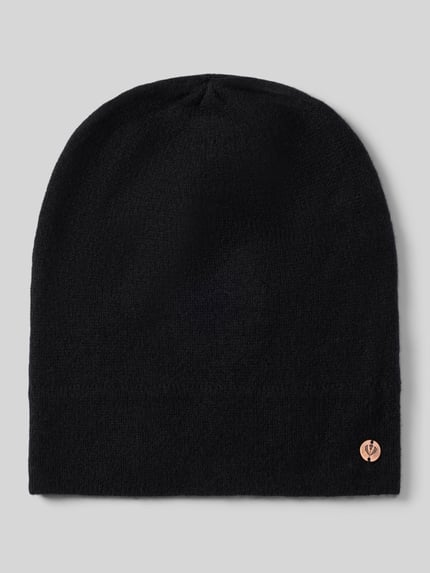 Produktfoto, czarna czapka beanie z kaszmiru, Aplikacja z metką, ozdobny szew, Beanie aus reinem Kaschmir von FRAAS.