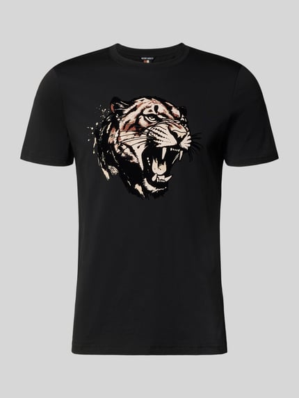 Produktfoto, Regular Fit T-Shirt mit Motiv-Print von Antony Morato, Herren T-Shirt aus Baumwoll-Mix, Rundhalsausschnitt, Rückenlänge 64 cm, schwarz mit Tiger-Motiv.