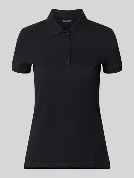 Produktfoto, Slim Fit Poloshirt mit Knopfleiste von Christian Berg Woman aus Baumwoll-Elasthan-Mix, Schwarz, Seitenschlitze, Rückenlänge 62 cm