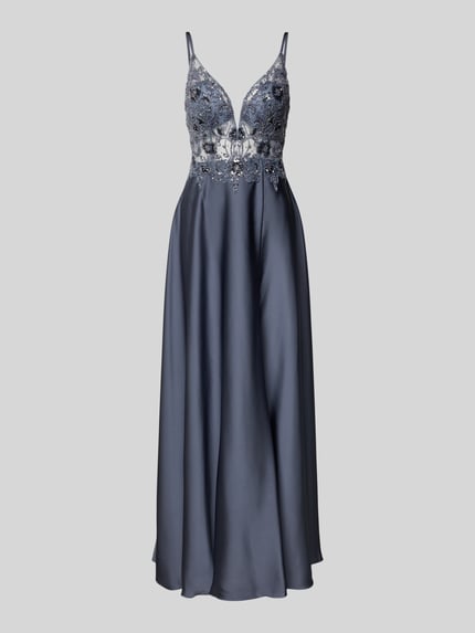 Produktfoto, Abendkleid mit floralem Ziersteinbesatz von Laona, dunkelblaues semitransparentes Design, V-Ausschnitt, Spaghetti-Träger, taillierte Passform, floraler Ziersteinbesatz, glatte und leicht glänzende Textur, Rückenlänge bei Größe 36: 121 cm, Brustweite bei Größe 36: 32 cm.