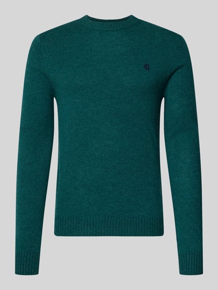 Produktfoto, Slim Fit Strickpullover aus reiner Wolle mit Label-Stitching von MCNEAL, grün, gerippte Abschlüsse, Herren, feine Textur