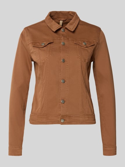 Productfoto, jeansjacke met pattentaschen model 'Erna' van Soyaconcept in bruin katoenmix met stretch, nauwsluitend model, kentkraag, knoopsluiting