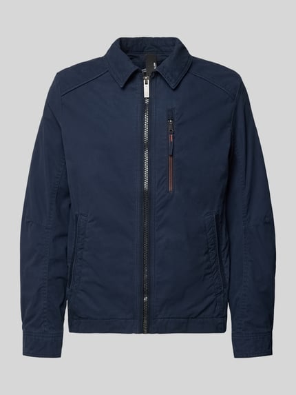 Produktfoto, Regular Fit Hemdjacke aus reiner Baumwolle von Tom Tailor in Dunkelblau, unifarben, Twill-Struktur, Umlegekragen, Reißverschluss, lange Ärmel, Label-Applikation, seitliche Eingrifftaschen, Brustleistentasche, klassische Optik.