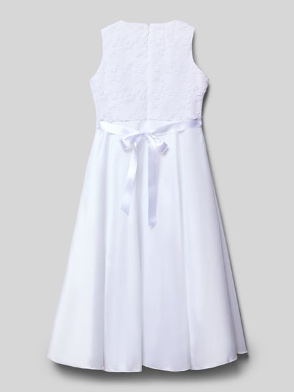 Produktfoto, Regular Fit Kleid mit floralem Stitching von Weise in Weiß, ärmellos, Rundhalsausschnitt, Schleifenband, blickdicht, Rückansicht