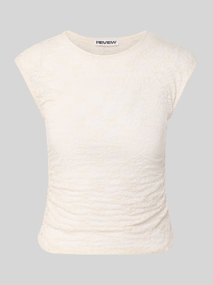 Produktfoto, T-shirt uit kant met plooien aan de zijnaad van REVIEW, elastische materiaalmix, nauwsluitend, dames, ronde hals, ecru, fijne kanten textuur
