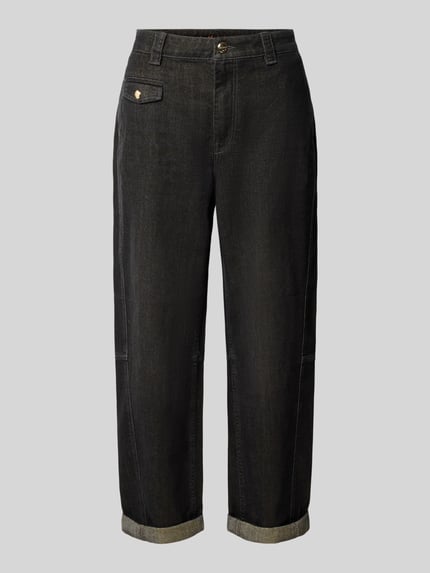 Produktfoto, Schimmernde Barrel Fit Jeans Modell 'Aymen' von MOS MOSH, dunkler Baumwoll-Mix mit Stretch-Anteil, Umschlag, Szerokość w rozmiarze 27: 40 cm, długość nogawki w rozmiarze 27: 68 cm