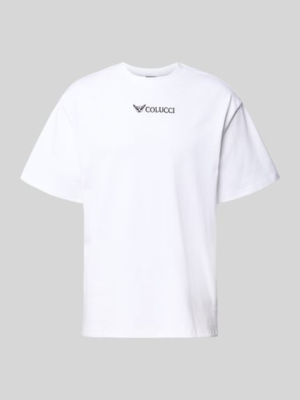 Produktfoto, weißes Relaxed-Fit Herren T-Shirt aus reiner Baumwolle, Modell 'Ikarus' mit Logo-Stitching und Rundhalsausschnitt von COLUCCI.