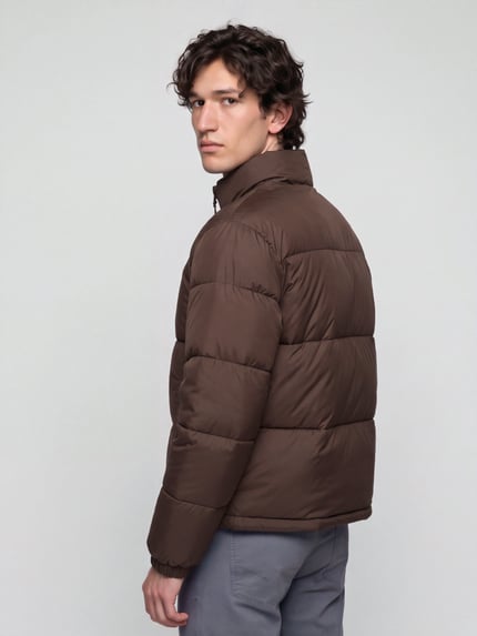 Männermodel trägt Steppjacke mit hohem Stehkragen Modell 'ONSMAVERICK' von ONLY, braun, unifarben, Label-Detail, Ganzkörperansicht Rückansicht.