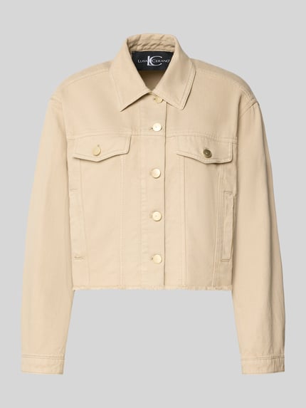 Produktfoto, Jeansjacke mit Brusttaschen und Fransen van Luisa Cerano in lichtbeige, katoenen-lyocell-mix, regular fit, opstaande kraag, borstzakken, knoopsluiting, franjes onderaan, lengte 49 cm, schouderbreedte 44 cm, borstwijdte 45 cm, mouwlengte 56 cm