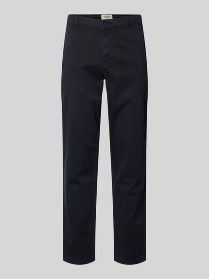 Produktfoto, Straight Fit Chino mit Eingrifftaschen Modell 'Vance' von Jack & Jones in Dunkelblau, elastischer Baumwoll-Mix, glatte Oberfläche, sichtbarer Knopf- und Reißverschluss, klassische Gesäßtaschen, Herrenhose im schlichten Design.