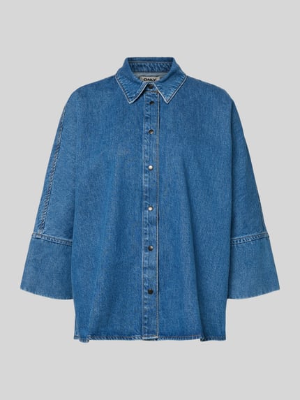 Produktfoto, Loose Fit Jeansbluse aus reiner Baumwolle Modell 'GRACE' van Only in denimoptiek met hemdkraag, 3/4-kimonomouw, drukknoopsluiting