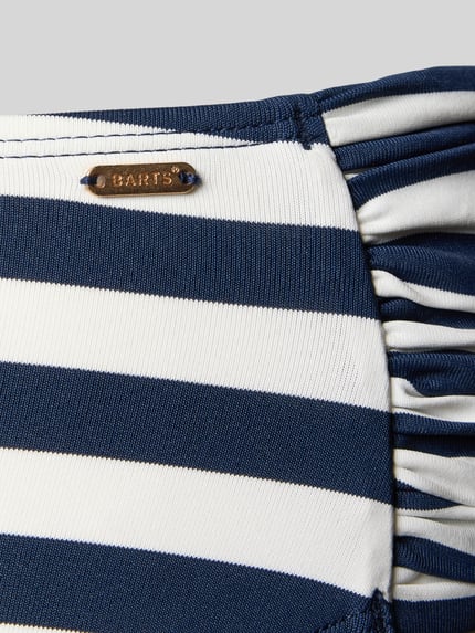 Produktfoto, Mid Waist Bikini-Slip mit Label-Detail Modell 'Yadbor' von Barts, blau-weiße Streifen, seitliche Raffungen, Material-Mix mit Stretch-Anteil