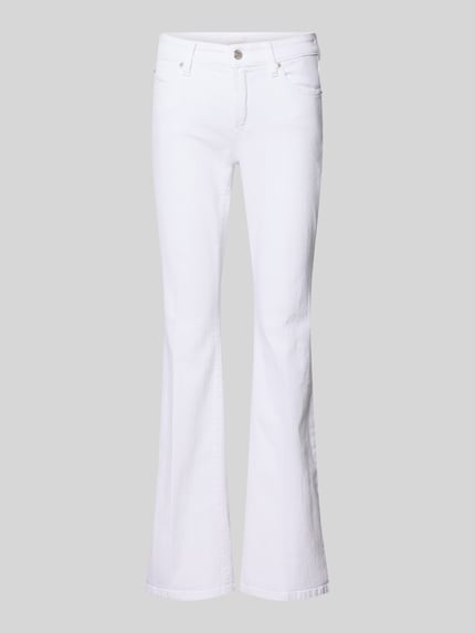 Produktfoto, witte flared jeans van katoenmix met stretch van Cambio, uitlopend model, 5-pocketmodel, model 'PARIS', knoop- en ritssluiting