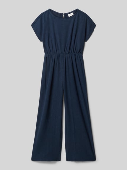 Produktfoto, Regular Fit Jumpsuit in Crêpe von s.Oliver RED LABEL, dunkelblau, unifarben, kurze Ärmel, weiche Crêpe-Textur, Rundhalsausschnitt