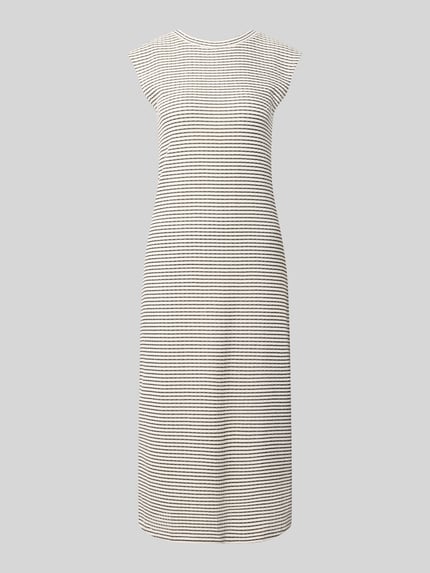 Produktfoto, Tailliertes Midikleid aus katoenmix van Tom Tailor Denim in tweekleurige look met streepmotief, zonder mouwen, midilengte, ronde hals, knitwear textuur