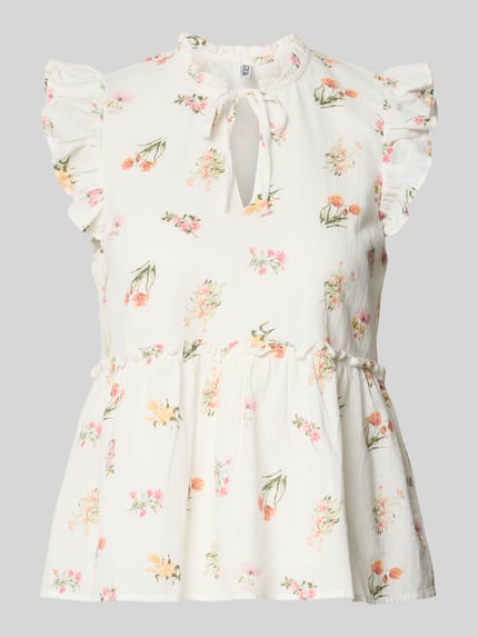 Produktfoto, Regular Fit Schluppenbluse aus reiner Baumwolle Modell 'EMMA' von Pieces, weiß mit Blumenmuster, Volant-Kragen, Schößchen, V-Ausschnitt mit Bindeband, ärmellos, Volantärmel, leichte Struktur