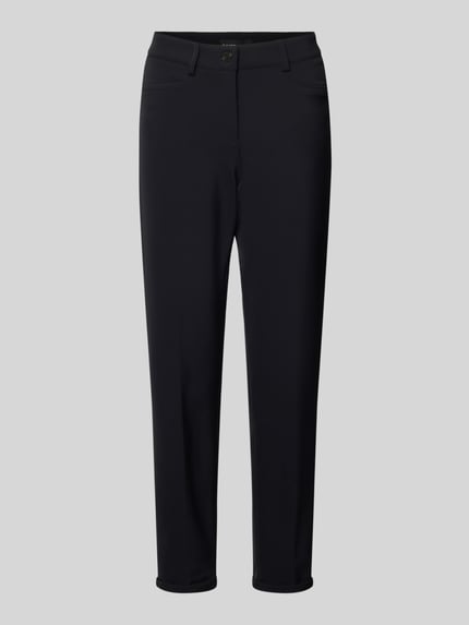 Produktfoto, czarne spodnie damskie 'Hose mit Paspeltaschen am Gesäß Modell RENIRA' od Cambio z mieszanki materiałów ze stretchem, skrócony krój, widoczne kieszenie wpuszczane z przodu i lamowane z tyłu, gładka tekstura, kontekst: szerokość pasa 39 cm, długość nogawki wewnętrznej 71 cm dla rozmiaru 36.