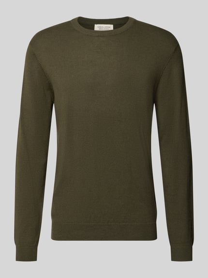 Produktfoto, Regular Fit Strickpullover aus Baumwoll-Mix mit Kaschmir-Anteil von Casual Friday, zielony, imitacja dzianiny, prążkowane wykończenia, okrągły dekolt, mieszanka bawełny i kaszmiru, logo marki, krój regular fit, długi rękaw, długość tyłu 70 cm w rozmiarze M, długość rękawów 51 cm w rozmiarze M