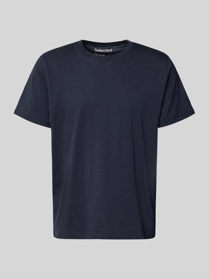 Produktfoto, Regular Fit T-Shirt aus reiner Baumwolle Modell 'HASPEN' von SELECTED HOMME in Melange-Optik, Rundhals, kurzarm, dunkelblau