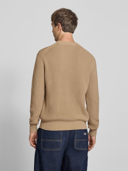 Männermodel trägt Slim Fit Pullover aus reiner Baumwolle in Strick-Optik von Replay, beige Farbe, Rückenansicht, Ganzkörperansicht Rückansicht.