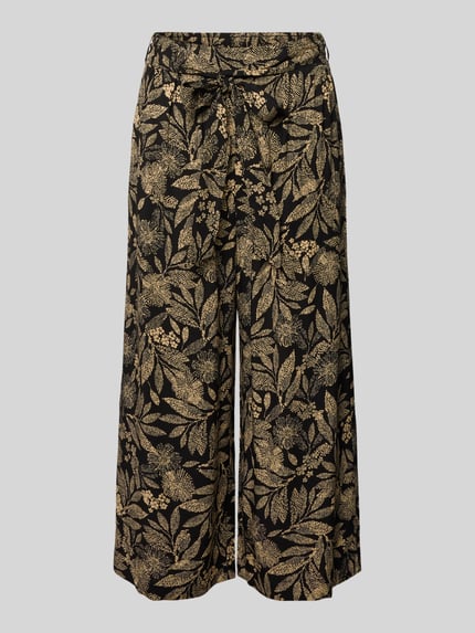 Produktfoto, Culotte aus Viskose mit Bindegürtel von Apricot, zwart met beige bladprint, wide leg fit, elastische band, steekzakken, maat S bandwijdte 33 cm, binnenbeenlengte 50 cm.