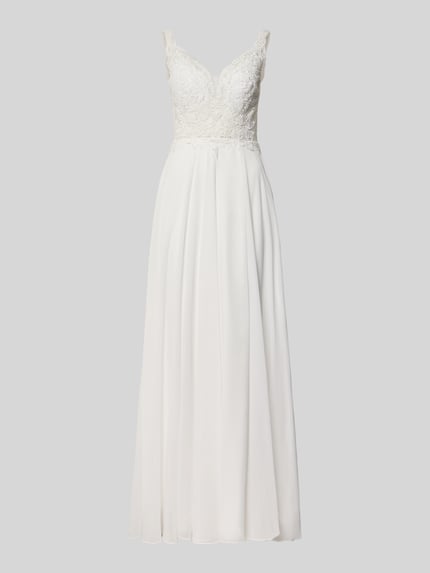 Produktfoto, Brautkleid mit floralem stitching van Mascara, getailleerde pasvorm, v-hals, semi-transparant, mouwloos, ruglengte maat 36: 135 cm, borstwijdte maat 36: 34 cm