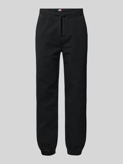 Produktfoto, Straight Fit Jeans aus reiner Baumwolle van Tommy Jeans in zwarte denimlook met elastische boord en pijpboord, 5-pocketmodel, puur katoen