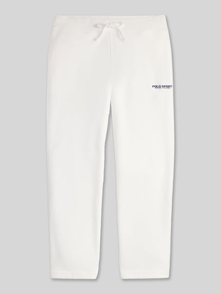 Produktfoto, Comfort Fit Jogpants aus Baumwoll-Mix von Polo Ralph Lauren in Weiß mit Label Stitching, geripptem Bund und seitlichen Taschen, unifarbene Sweat-Optik