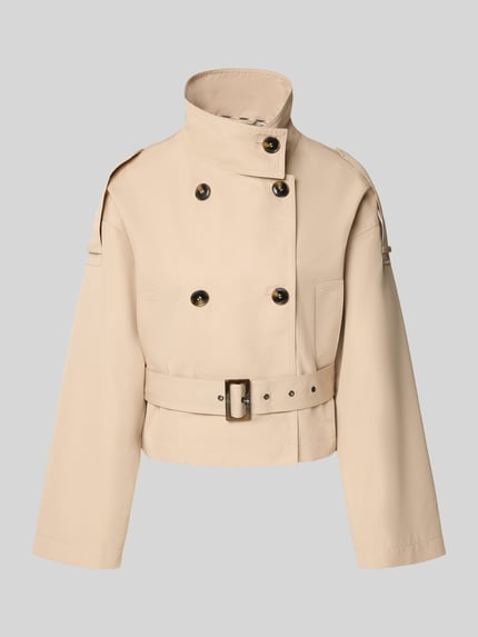Produktfoto, Kurze Trenchjacke mit Taillengürtel von Jake*s Collection, mieszanka bawełny, prosty krój, stójka, dwurzędowa listwa guzikowa, pasek w talii ze sprzączką, pagony, długość tyłu w rozmiarze 36: 53 cm, szerokość ramion w rozmiarze 36: 48 cm, szerokość w rozmiarze 36: 32 cm, długość rękawów w rozmiarze 36: 52 cm