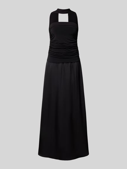 Produktfoto, Abendkleid mit Raffungen Modell 'Hamina' von Neo Noir in Schwarz, A-Linie, Maxikleid, Material-Mix mit Stretch-Anteil.