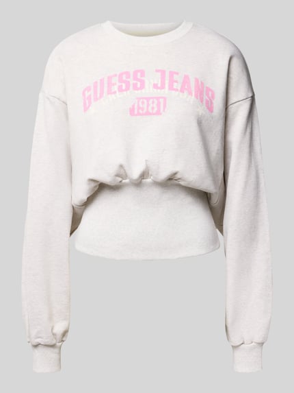 Produktfoto, Sweatshirt mit Label-Print und Rundhalsausschnitt von GUESS, Dames sweatshirt, puur katoen, slim fit, labelprint, ronde hals, lichte crèmekleur, rechte vormen, zachte textuur
