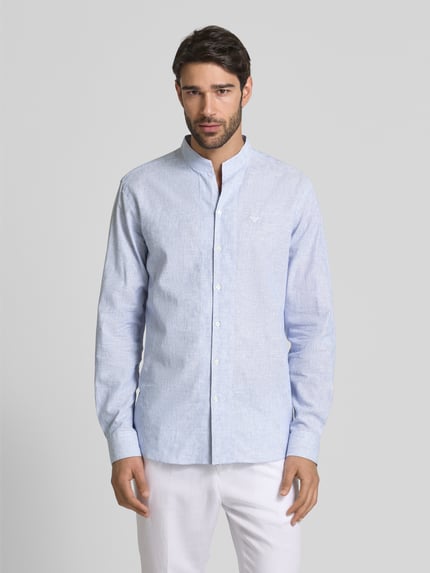 Emporio Armani Regular Fit Freizeithemd aus Leinen-Baumwoll-Mix Hellblau 4