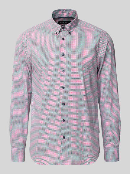 Produktfoto, Regular Fit Freizeithemd mit Button-Down-Kragen von bugatti, reine Baumwolle, Allover-Look, Knopfleiste, weiß-rot gemustert.