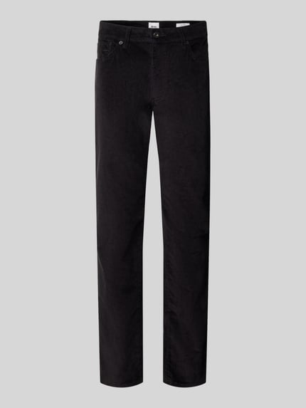 Produktfoto, dunkelbraune Hose mit geradem Schnitt und feiner Cordstruktur, Straight Fit Cordhose aus Baumwoll-Mix Modell 'Mythos Flex Cord' von Brax, Herren Cordhose