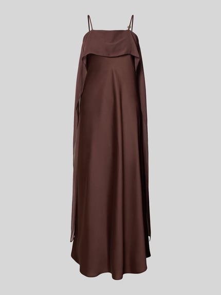 Produktfoto, Regular Fit Midikleid aus Satin von Rinascimento in Braun mit Spaghetti-Trägern, glatte Textur, Nahtreißverschluss, Länge 119 cm