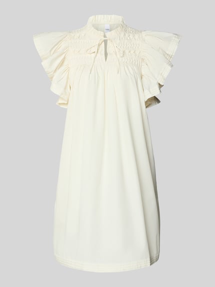 Productfoto, Minikleid met vlindermouwen model 'LURA' van YAS, recht fit, katoenmix, Serafino-kraag met vetersluiting, crèmekleur, fijne plooien en textuur