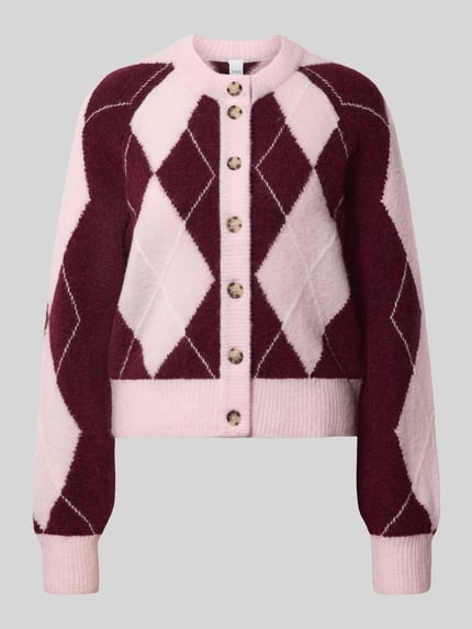 Produktfoto, Cardigan aus Woll-Mix mit Rundhalsausschnitt Modell 'JOHI' von YAS, wzór rombów, prosty krój, długość tyłu 55 cm, długość rękawa 54 cm