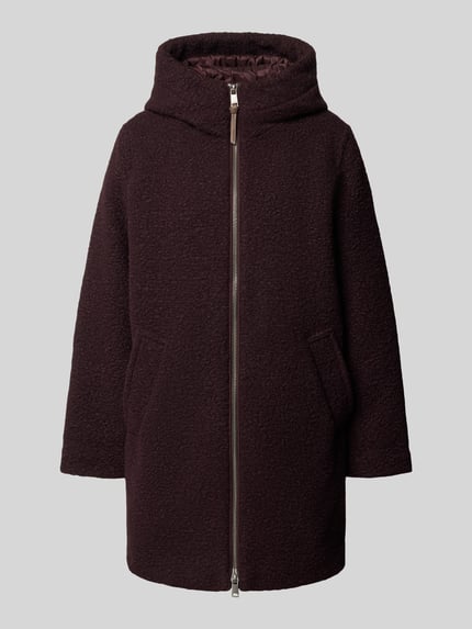 Produktfoto, Relaxed Fit in Teddy-Optik mit Kapuze von Beaumont Amsterdam, dunkelbraune Farbe, Zweiwege-Reißverschluss, Eingrifftaschen, strukturierte Oberfläche, Damen Mantel, Größe 36 mit 86 cm Rückenlänge, 41 cm Schulterbreite, 61 cm Brustweite, 63 cm Ärmellänge